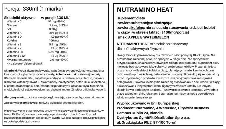 napój energetyczny Nutramino HEAT 330ML, krótki termin