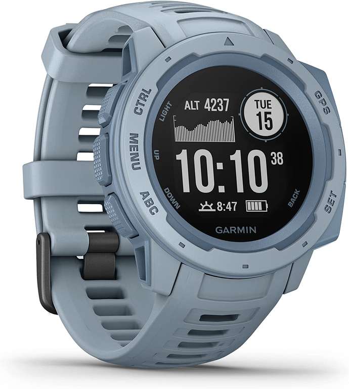 Garmin Instinct – wodoszczelny smartwatch GPS z funkcją uprawiania sportu / fitnessu. Pomiar tętna, powiadomienia (jasnoniebieski)