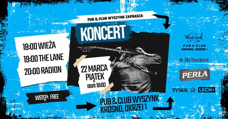 Wieża, The Lane oraz RadiON – koncert w Krośnie, później Rockoteka - wieczór mocnych, gitarowych brzmień klasyków rocka - bezpłatny wstęp