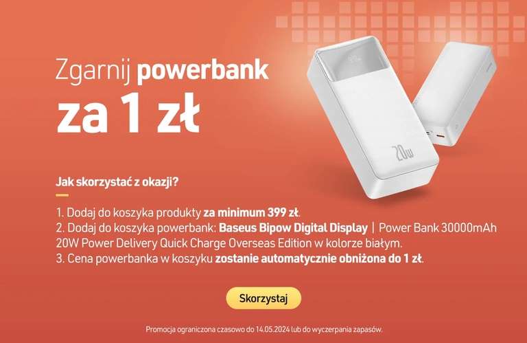 Power Bank Baseus Bipow Digital Display 30000mAh 20W Biały za 1 zł przy zakupie za 399 zł