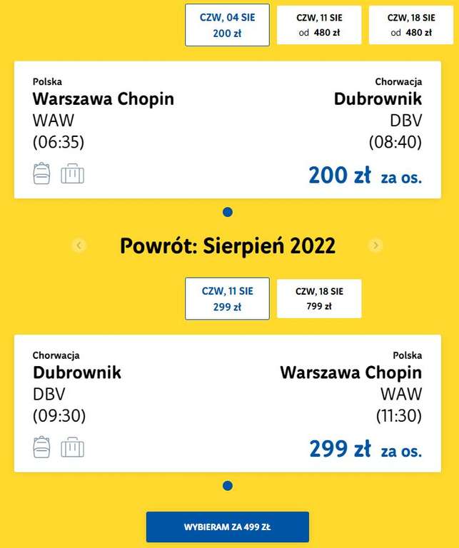Lot czarterowy Warszawa Chopin - Dubrownik - Warszawa / 7 dni / wylot 04.08 - 11.08 399zł bagaż 20kg