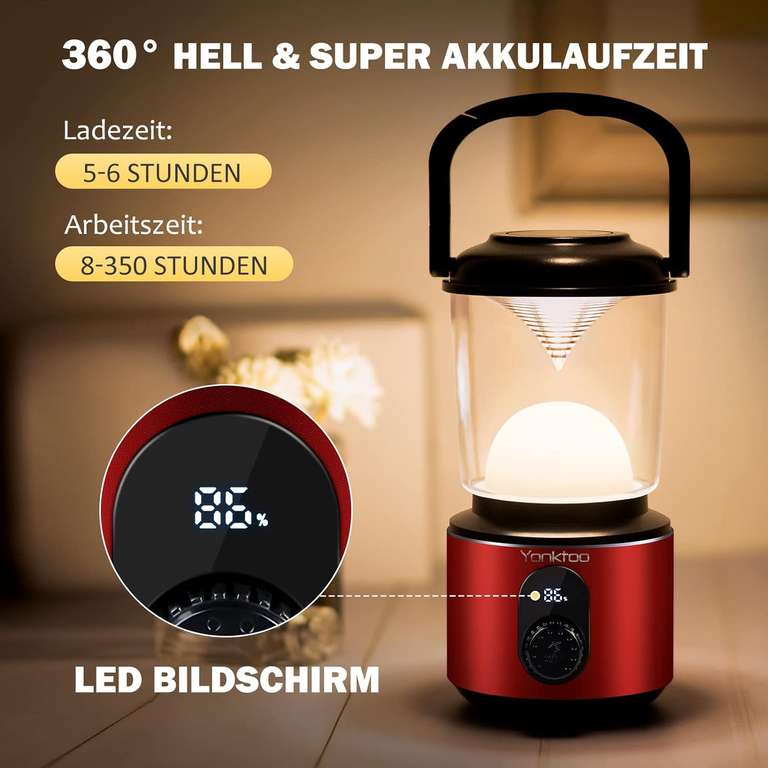 Yonktoo Lampa kempingowa z możliwością ładowania – USB-C LED lampa kempingowa z akumulatorem 5 trybów, ekran LCD, aluminiowa, 10400 mAh