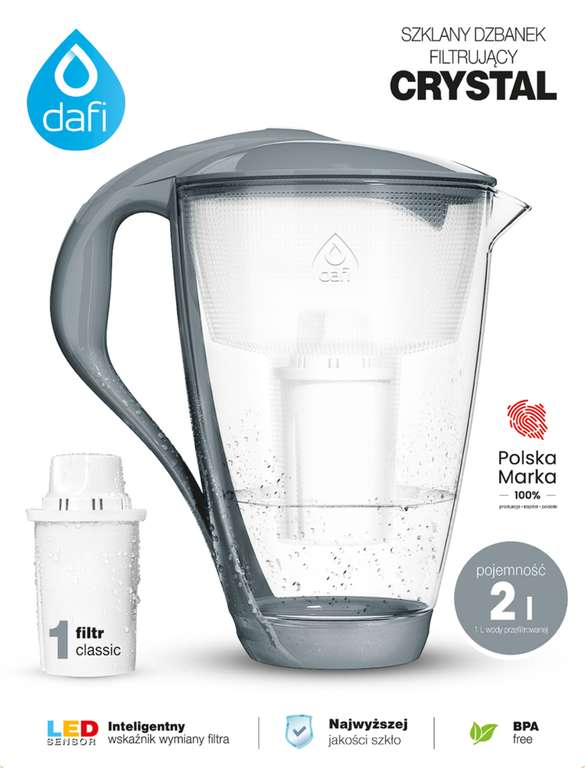 DAFI Crystal szklany Dzbanek filtrujący, do wody + filtr, poj. 2 L - 1 L wody przefiltrowanej