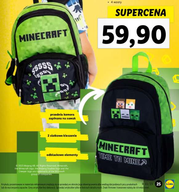 Plecak Minecraft za 59,90 zł (możliwe ~40zł) (dodatkowo do kupienia też bluza, t-shirt, piórnik) w Lidl