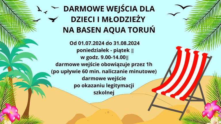 Darmowe 1 godzinne wejscia na basen AQUA oraz na Hallera w Toruniu dla dzieci po okazaniu legitymacji szkolnej