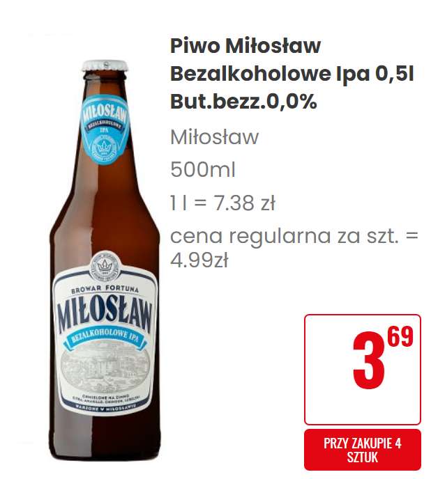 Piwo Miłosław Bezalkoholowe IPA i inne przy zakupie 4 sztuk Dino