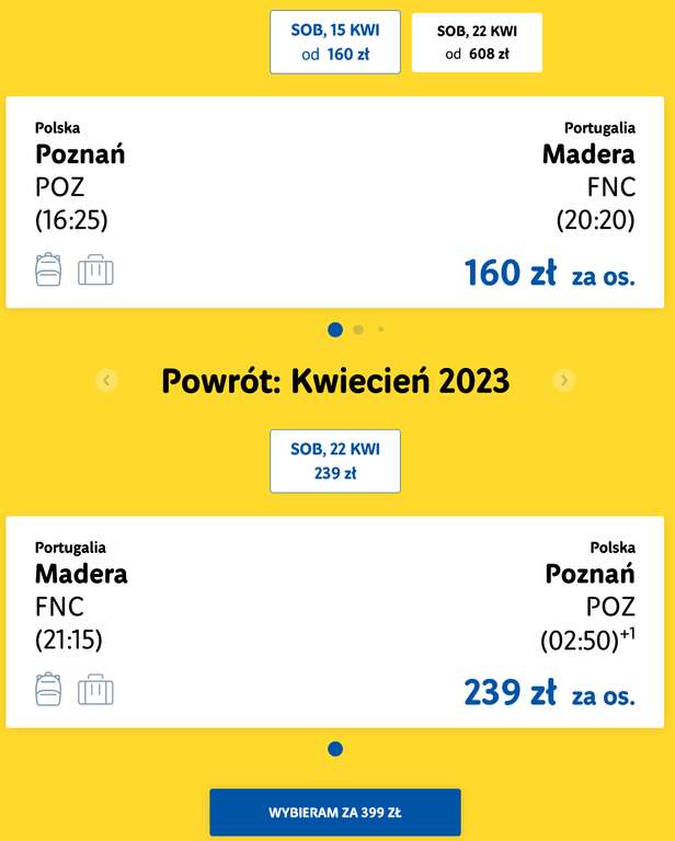 Lot w OBIE STRONY Poznań - Madera 15.04 - 22.04 (7 dni) bagaż podręczny 5kg i rejestrowany 20kg w cenie