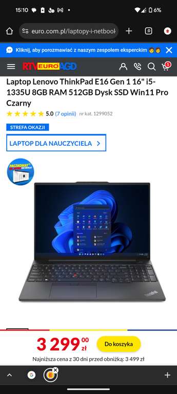 Laptop Lenovo ThinkPad E16 Gen 1 16" i5-1335U 8GB RAM 512GB Dysk SSD Win11 Pro