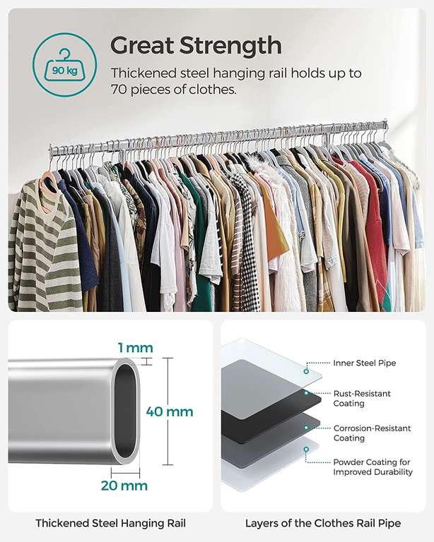 Metalowy wieszak na ubrania na kółkach Songmics (obciążenie 90kg, regulowana długość wieszaka od 92 do 132 cm) @ Amazon