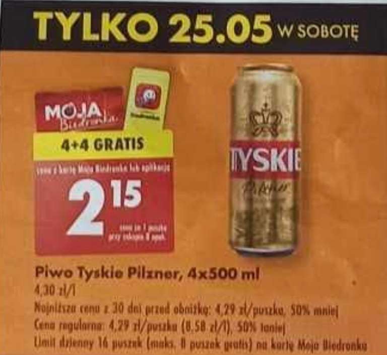 Piwo Tyskie Pilzner puszka 0,5l 4+4 gratis tylko 25.05.2024 @Biedronka