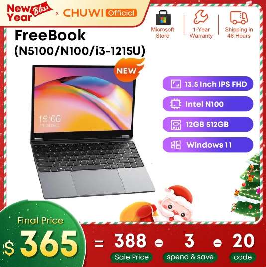 Laptop CHUWI FreeBook 2023 (dotykowy 13.5" IPS, Intel N100, 12GB RAM, 512GB SSD, Windows 11) | Wysyłka z ES | $400.90 @ Aliexpress