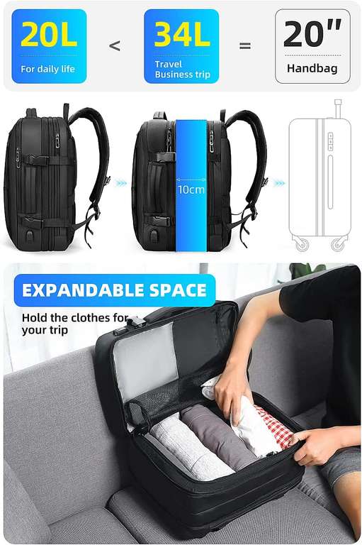 MarkRyden plecak, bagaż podręczny, lekki plecak, zatwierdzony do lotu, wodoodporny, męski, biznesowy na laptopa 17/15,6/15 cala z portem USB
