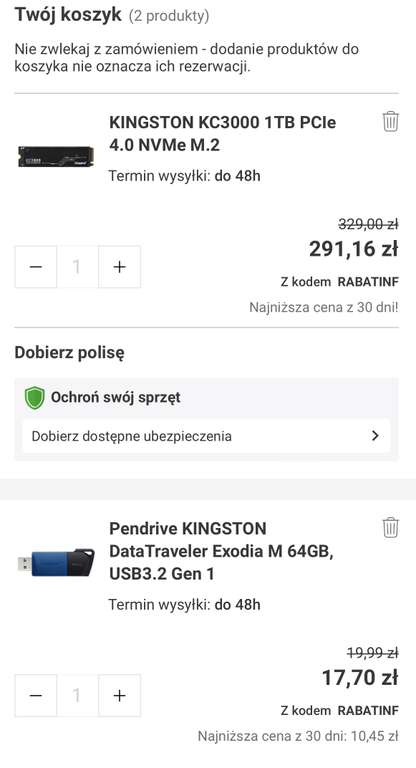 Dysk Kingston KC3000 1TB PCIe 4.0 + pendrive KINGSTON DataTraveler Exodia M 64GB