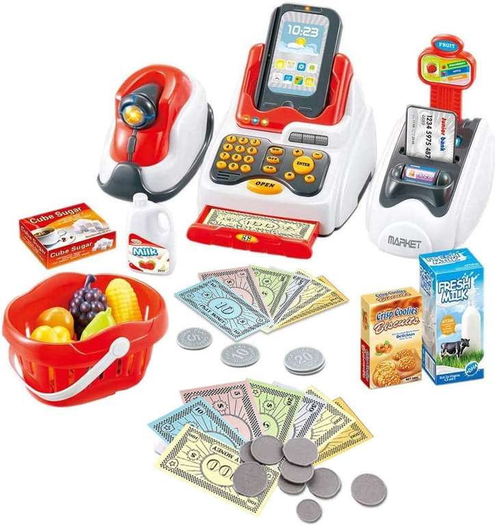 deAO Elektroniczna kasa fiskalna do zabawy w supermarket dla dzieci - kasa sklepowa, skaner, karta płatnicza, banknoty oraz koszyk na zakupy