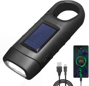 REKALRO Latarka LED ładowana przez USB, z dynamo, z korbką, do ładowania telefonu, solarna - czarna | pomarańczowa | zielona