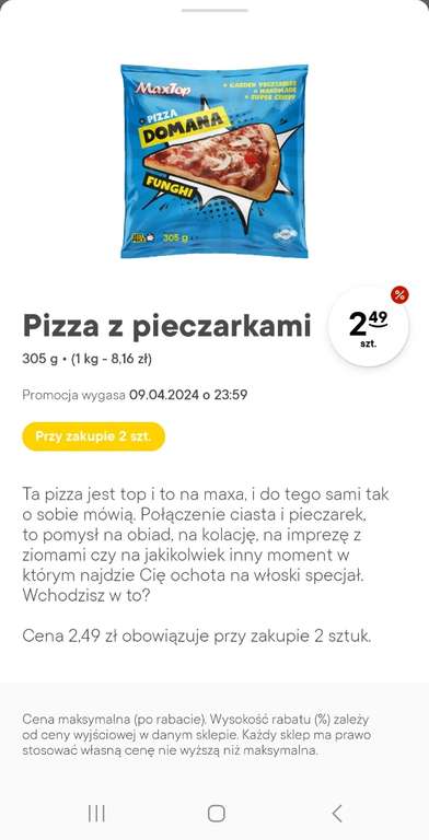 Żabka, Pizza z pieczarkami Maxtop, 2,49zł przy zakupie 2 szt