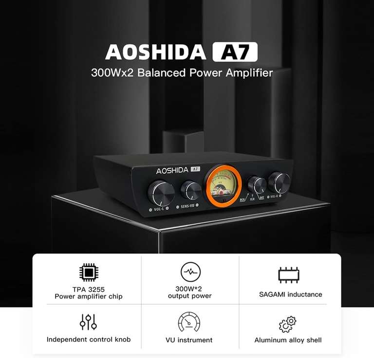 AOSHIDA A7 Zrównoważony Wzmacniacz Mocy : XLR/RCA do RCA/Głośnik 300W*2 TPA3255