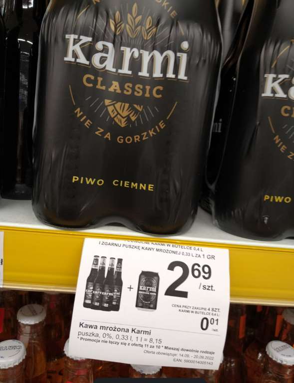 Piwo Karmi classic but. 0,4L + puszka kawy mrożonej 0,33L za 1grosz przy zakupie 4 butelek @Dino