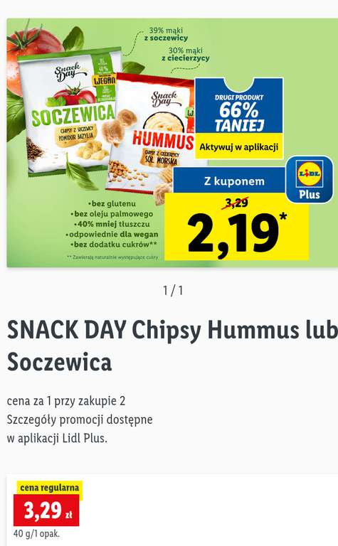 SNACK DAY Chipsy Hummus lub Soczewica z aktywnym kuponem
