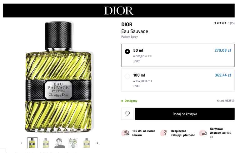 Perfumy Dior Eau Sauvage Parfum 50ml 300zł; 100ml 410zł (możliwe odpowiednio 270zł; 369zł)
