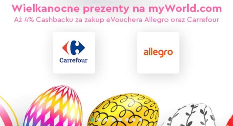 Wielkanocne prezenty na myworld.com- zwrot gotówki 4% za zakup e-vouchera Allegro oraz Carrefour