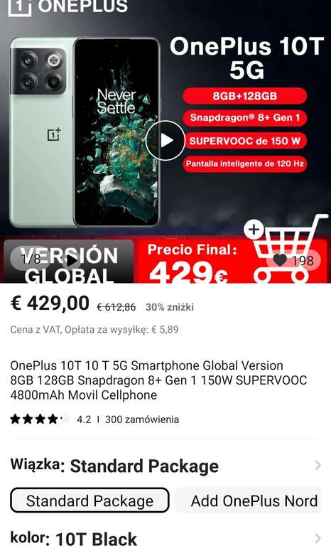 Smartfon OnePlus 10T 8GB 128GB Snapdragon 8+ Gen 1 150W SUPERVOOC 4800mAh @ 429 EUR wysyłka z Hiszpanii