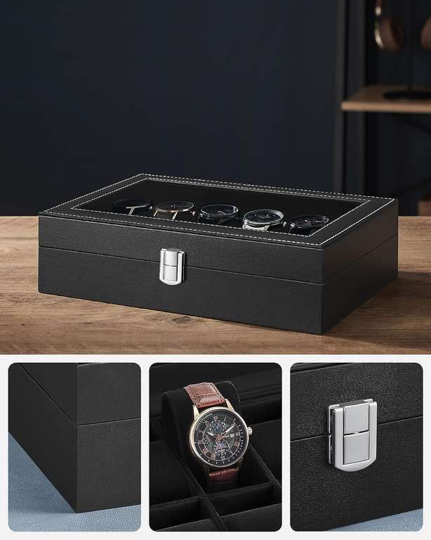 Pudełko, etui na zegarki SONGMICS z 12 przegródkami, ze szklaną pokrywką i zdejmowaną poduszką na zegarek, metalowe zapięcie