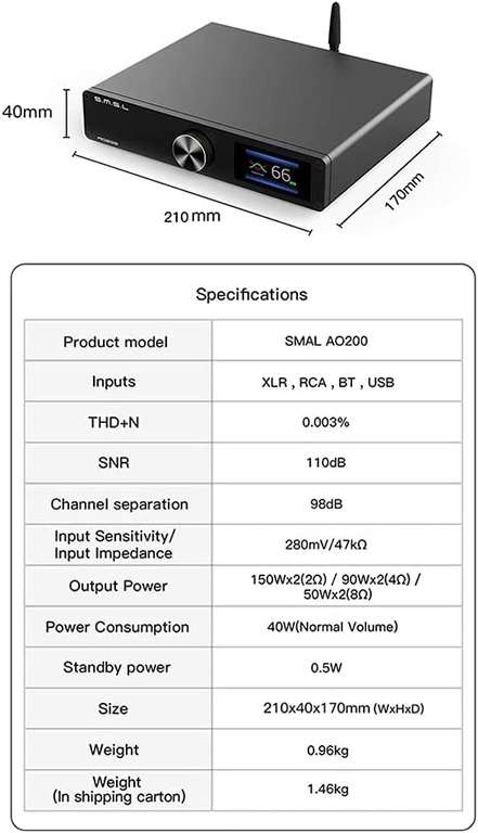 SMSL AO200 Zbalansowany Wzmacniacz Cyfrowy Bluetooth. Wzmacniacz Zintegrowany MA12070×2 BT5.0/USB/XLR/RCA do Głośnika/Subwoofera 2.1 150W