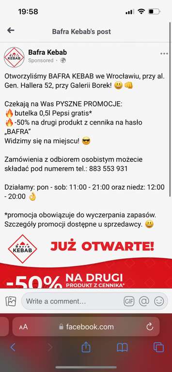 BAFRA KEBAB 2gi produkt -50% Pepsi gratis Wrocław