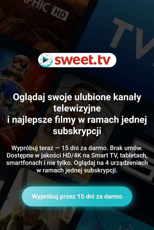 Sweet.tv 15 dni za darmo. Nowe stacje: m.in. Canal+ Sport 5, AleKino+, Planete+ czy MiniMini+. Kody na filmy za darmo