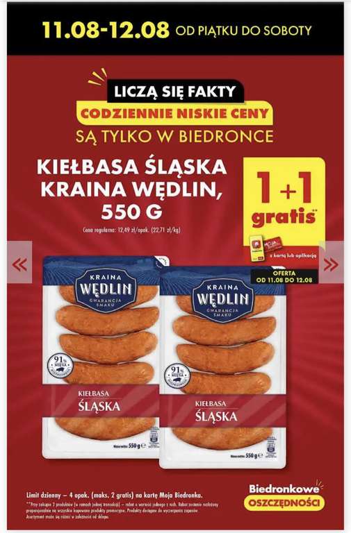 Kiełbasa Śląska 1+1 gratis (cena 12,49zł za 2 op.)