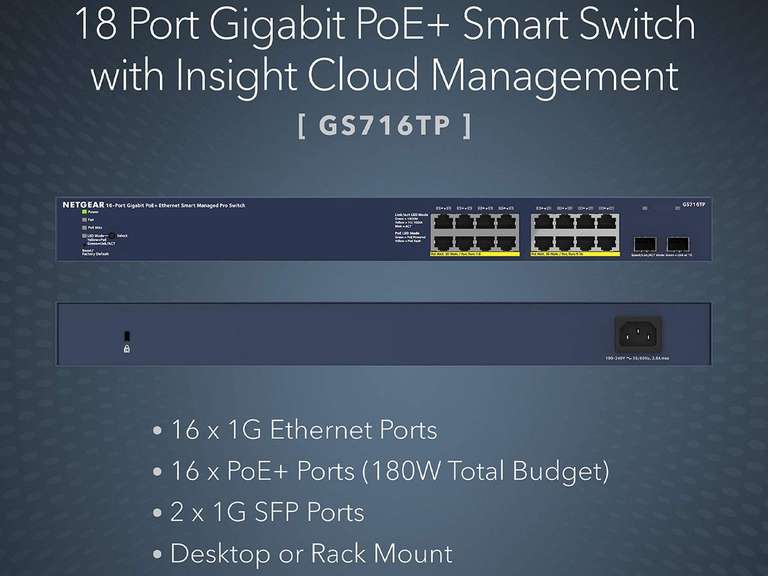Switch Gigabit Ethernet 16x PoE+ Smart | 180 W | Netgear GS716TP |