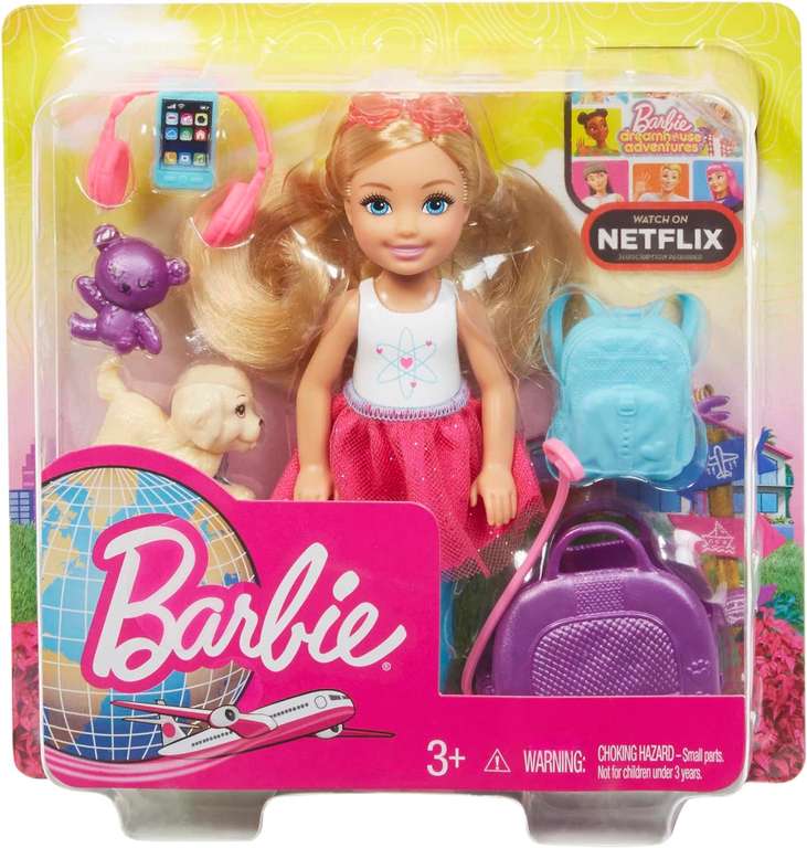 Barbie Lalka podróżniczka Chelsea , blondynka, ze szczeniaczkiem, nosidełkiem i akcesoriami, dla dzieci od 3 do 7 lat, FWV20