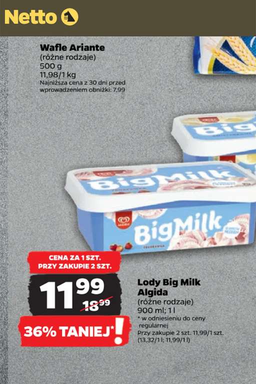 Netto - Lody Big Milk Algida 900ml - 11,99 cena za sztukę przy zakupie dwóch