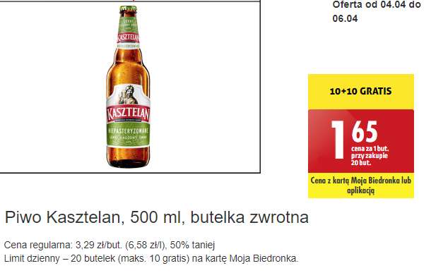 Piwo Kasztelan niepasteryzowane, butelka zwrotna 0,5L 10+10 gratis @Biedronka