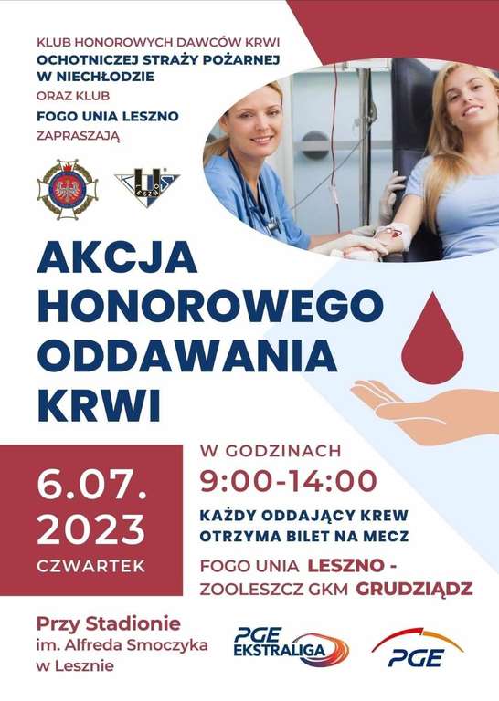 Oddaj krew i otrzymaj bilet na mecz żużlowy Ekstraligi Unia Leszno - GKM Grudziądz
