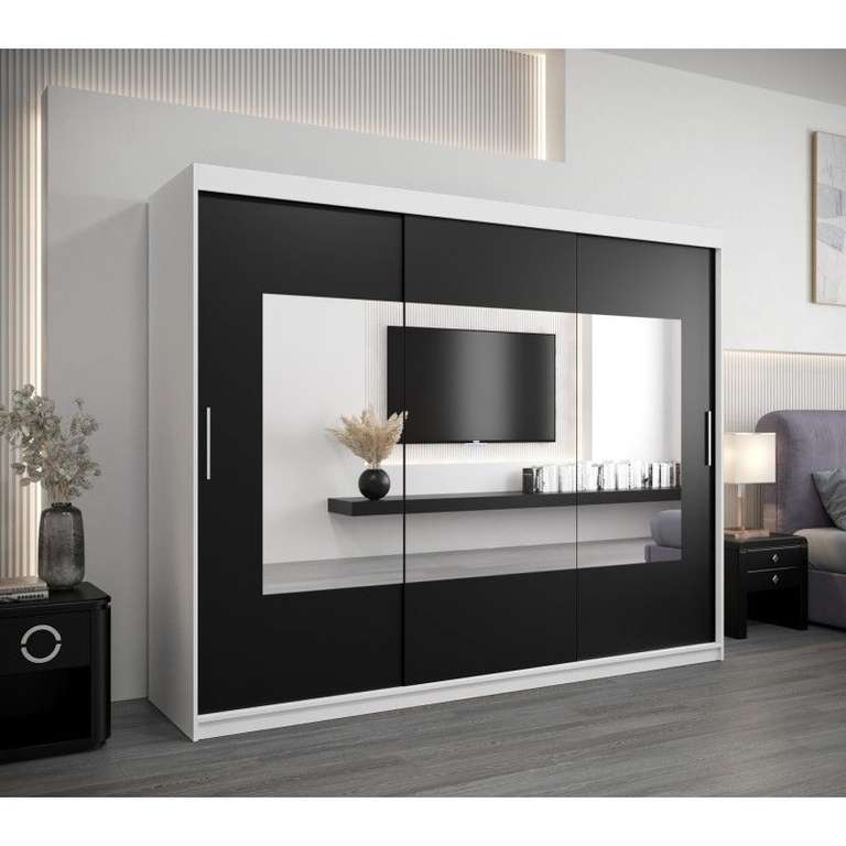 Szafa przesuwna trzydrzwiowa garderoba z lustrem i półkami Torino 250 artisan sonoma czarna biała