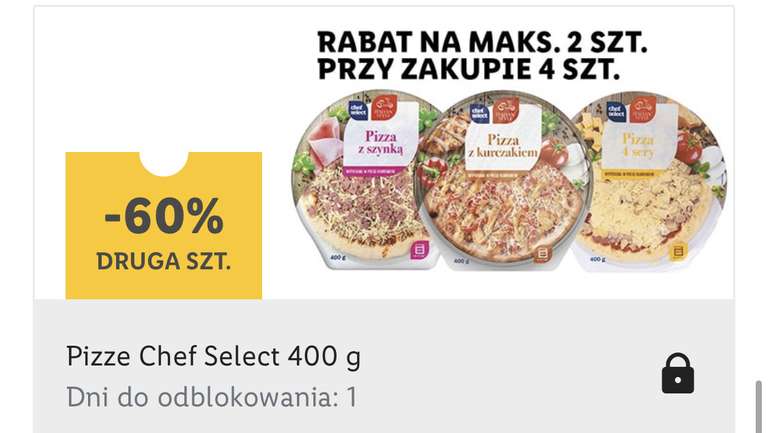 Druga Pizza Chef Select 400g 60 % taniej z kuponem Lidl Plus