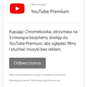 YouTube Premium - 3 miesiące za darmo dla kupujacych Chromebooka