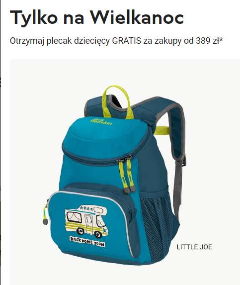 Przy zakupie produktów dla dzieci za min. 389 zł w gratisie niebieski plecak dziecięcy LITTLE JOE (wartość 115-230 zł) @Jack Wolfskin