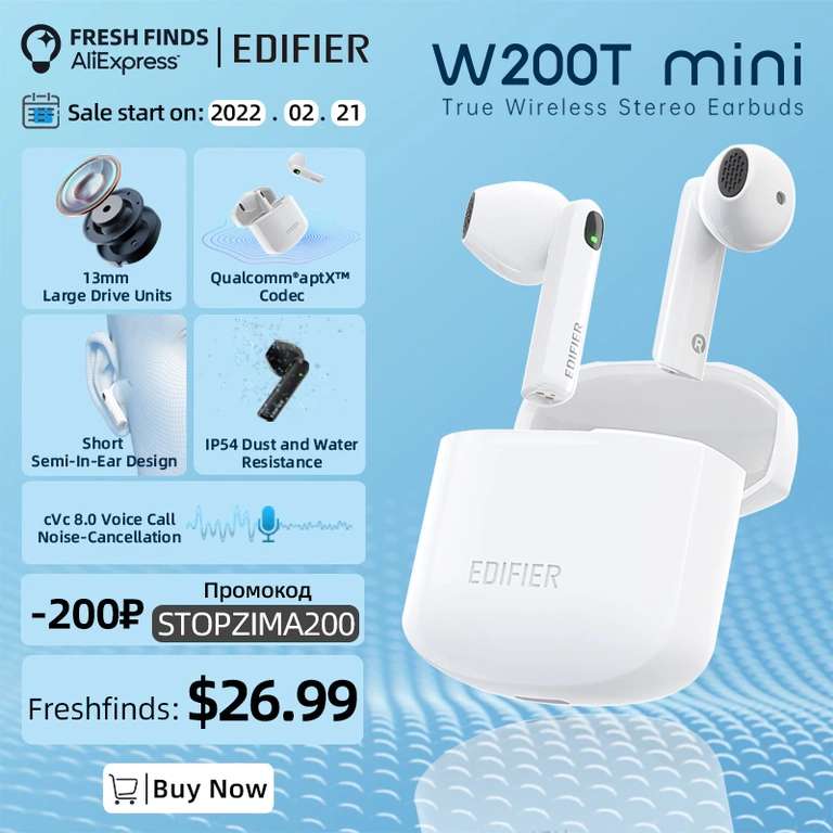 Słuchawki douszne Edifier W200T Mini | Qualcomm Bluetooth v5.1 aptX, 13 mm, 4h + 18h | Wysyłka z CN | $32.20