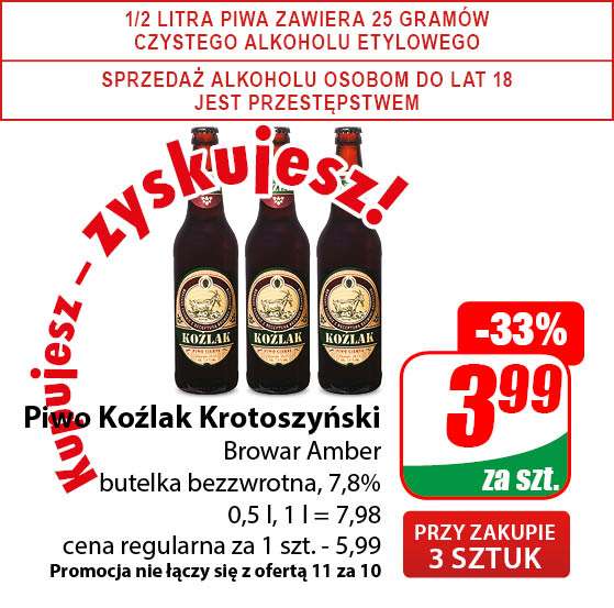 Piwo Koźlak Krotoszyński browar Amber but. bezw 0,5L cena 1 butelki przy zakupie 3 @Dino