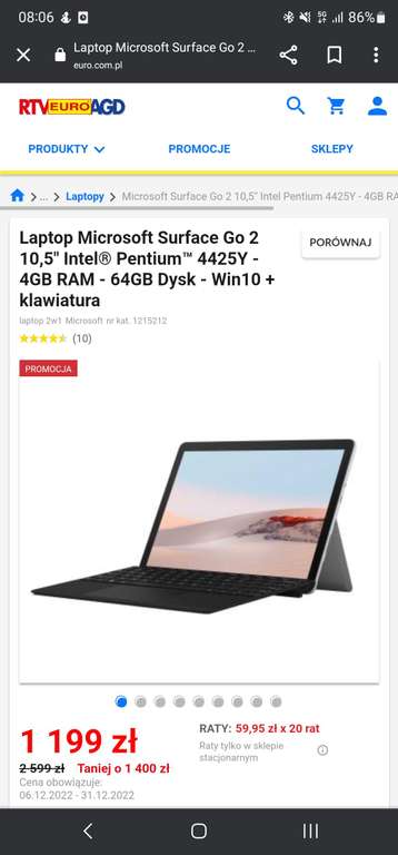 Laptop Microsoft Surface Go 2 10,5" Intel Pentium 4425Y - 4GB RAM - 64GB Dysk - Win10 + klawiatura LOKALNIE , WYBRANE SKLEPY