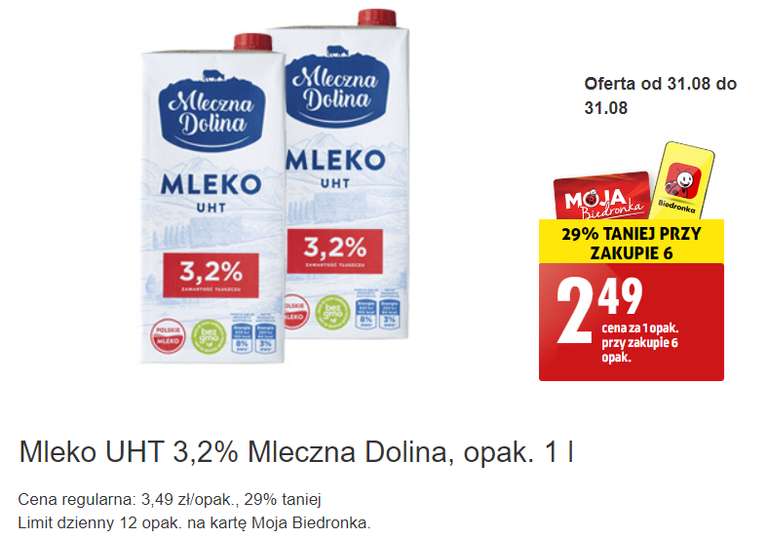 Mleko Mleczna Dolina 3,2% 2.49zł/szt przy zakupie 6 z kartą - Biedronka
