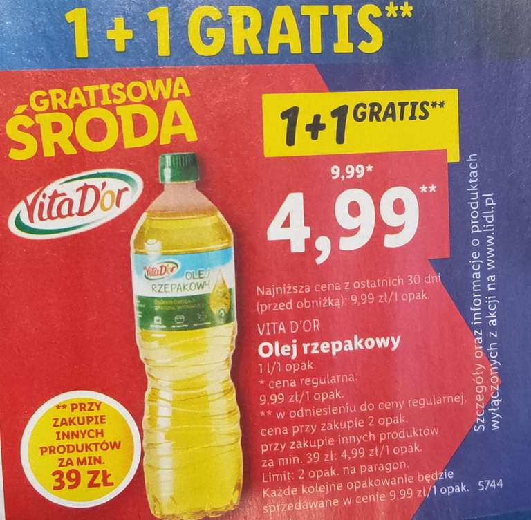 Olej rzepakowy 4,99 1+1 gratis przy zakupach za 39 zł Lidl