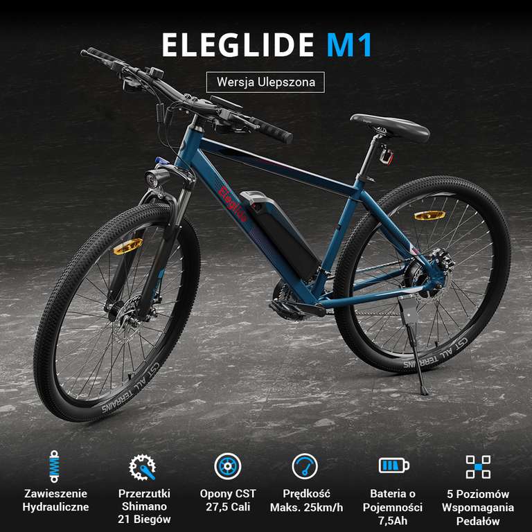 Rower elektryczny ELEGLIDE M1 250W, 7,5Ah, 27,5", 25km/h (wersja M1 Plus za 3699 zł) @ Geekbuying