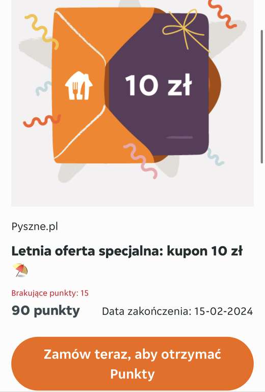 Tańszy kupon letnia promocja 10zl za 90pkt Pyszne.pl
