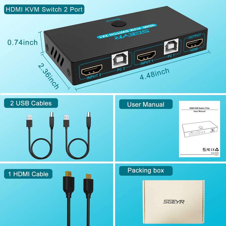 SGEYR 2x1 HDMI v1.4 KVM przełącznik 4K 2 porty USB, metalowa obudowa z przełącznikiem, Auto Scan, Zestaw kabli | 4K @30Hz UHD 3D 1080P