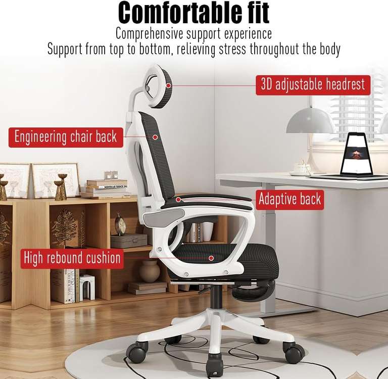Ergonomiczne krzesło biurowe z siatką z poduszką lędźwiową i wysuwanym podnóżkiem regulowana wysokość, obrotowe