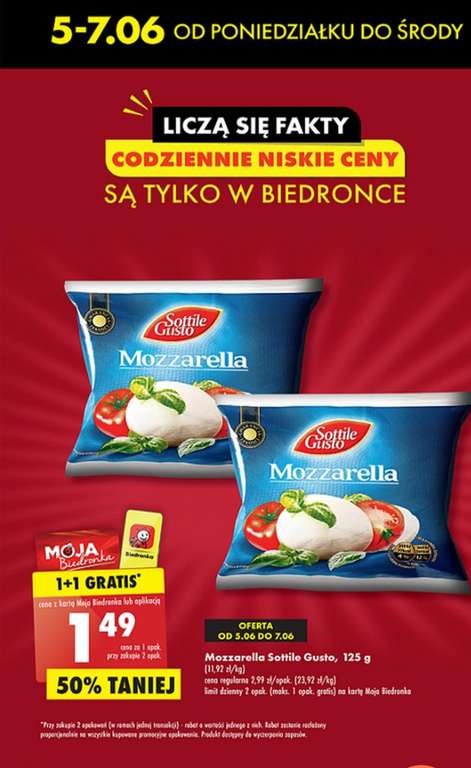 Mozzarella Sottile Gusto 125g 1+1 gratis @Biedronka